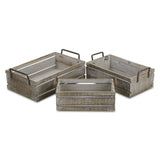 Selma Set Of 3 Brown Wood Grain Slatted Rectangular Small Crate With Side Handles