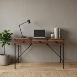 47 Walnut and Black Wood and Steel Writing Desk With Three Drawers
