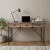 59 Oak and Black Wood and Steel Wall Mounted Writing Desk With Three Drawers