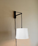 12"W MAST Plug-In Wall Mount Pendant 1 Light Black Cord/Arm Drum White Shade