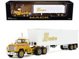 Mack RModel Day Cab and 40 Vintage Trailer Yellow with Red Stripes and White Top Mack Anniversary 1/64 Diecast Model by DCP/