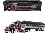Kenworth W900A with 60 Aerodyne Sleeper and 53??Wilson Roadbrute Flatbed Trailer with Covered Wagon Black with Red Stripes 1/64