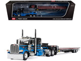 Peterbilt 389 with 48 Flat Top Sleeper and Landoll 440B50CA Traveling Axle Trailer Black with Blue Stripes 1/64 Diecast Model