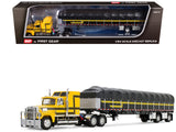 Ford LTL 9000 with 60 Aerodyne Sleeper and 53 Wilson Roadbrute Flatbed Trailer with Covered Wagon Yellow with Black Stripes 1/