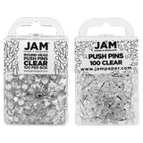 JAM PAPER Colorful Push Pins - Flat & Round Head Thumb Tack Combo Set - Clear Pushpins - 200/Pack