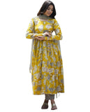 Anni Designer Women'S Rayon Blend Anarkali Printed Kurta With Pant & Dupatta (Purimor Yellow_L_Yellow_Large),Yellow,L