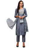 Gosriki Women'S Chanderi Cotton Embroidered Straight Kurta With Pant & Dupatta (Tula Grey-Nw-Gs_S_Grey_Small),Grey,,B0C1V5QR96