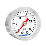 MEASUREMAN 1-1/2 Dial Size, Glycerin Filled Fuel Pressure Gauge, 304 Stainless Steel case, 0-15Psi, 3-2-3%, 1/8 NPT Back Mount