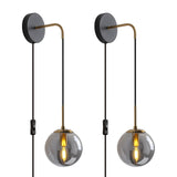 KUZZULL Wall Sconces Set of Two Black and Brass Gold Plug in Wall Sconces Set of 2 with Globe Smoke Grey Glass Shade Wall Lights