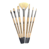ZEM BRUSH Interlocked White Hog Bristle Artist Brush Set Rounds 2,4,6 and Flats 2,4,6 and Stiff Fan 6