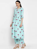 Gosriki Women'S Sea Green & Pink Printed Kurta With Palazzos,Blue,,B08QD7DWC8