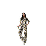 Gufrina Womens Polyester Jumpsuit Set with Button Down Top and Wide Leg Trousers, 3/4 Neck, Printed Collar, Regular Fit and Standard Length, Green, L