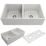 BOCCHI Contempo Farmhouse Apron Front Fireclay 36 in. Double Bowl Kitchen Sink with Protective Bottom Grid and Strainer in White