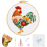 Hasthip Rooster Flower Embroidery Kit For Beginners, Diy Hand Embroidery Thread Set With PrePrinted Cloth, 20X20Cm Hoop Ring, T