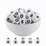 HHCFAST 12mm White Square Letter A,E,I,O,U Alphabet Silicone Beads, 20Pcs Cube Heart Number Letter Silicone Beads for Keychain M
