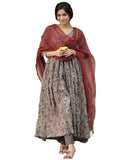 Gosriki Women'S Rayon Blend Anarkali Printed Kurta With Pant & Dupatta (Madipakam Maroon-Gs_S_Maroon_Small),Maroon,,B0DFCGW842