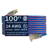 US Wire and Cable 14/3 Gauge x 100-Ft Extreme Cold Weather Extension Cord - Heavy-Duty, 221F to - 94F Rating, Lighted Plug, Blue