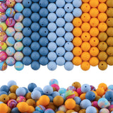 HHCFAST 150Pcs Mixed Color 15mm Silicone Beads for Keychain Making, Blue Mustard Yellow Print Silicone Beads for Pens and Bracel