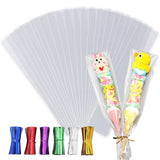 LEOSINDA 100pcs Cellophane Treat Bags 3 X 11 Inches Clear Long Flat Gift Wrap Clear Pretzel Bags with 6 Mix Colors Twist Ties Ce