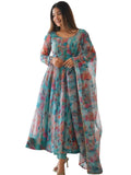 Wedani Women Floral Print Anarkali Kurta With Pant And Duptta (Small Blue),Blue,S