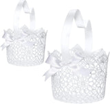 Boao Flower Girl Basket Set of 2 White Wedding Flower Baskets with Satin Bowknot and Handle for Wedding Ceremony Petals Confetti