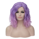 BUFASHION 14 Women Short Pink Purple Bob Wavy Glue Less Synthetic Hair Wig 46 Colors Available(Pink Purple)