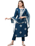Gosriki Women'S Cotton Blend Straight Embroidered Kurta With Pant & Dupatta (Weekend Blue_New_Xxl-Go_Blue_Xx-Large),Blue,2,B0B4FY1ZZ8