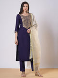Anni Designer Women'S Rayon Viscose Embroidered Straight Kurta With Pant & Dupatta (Tudari Blue_Xxl_Blue_Xx-Large),Blue,2XL,,,