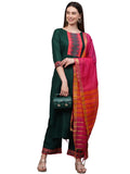 Anni Designer Women'S Cotton Blend Straight Printed Kurta With Pant & Dupatta (My Hit Nw Dark Green_M_Dark Green_Medium),Dark Green,M