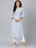 Gosriki Women'S Pure Cotton Printed Straight Kurta (Line Blue_New_L-Go_Blue_Large),Blue,,B0B4FX284S