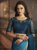 Satrani Womens Pure Chiffon Saree (3568S133N_Beige & Turquoise & Peacock Blue)