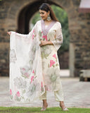 Wedani Georgette Floral Print With Sequence Embroidery & Mirror Work Kurta Pant Set With Dupatta For Women-White,White,M,,,