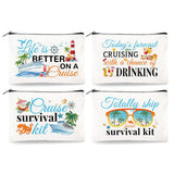 DOODLREAM 4Pcs Canvas Cruise Ship Makeup Bag - 9.06 x 5.9 Cruise Essentials Survival Kit Gift Cosmetic Bags Travel Organizer Por