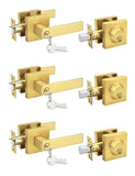 Tinewa 3 Pack Brushed Gold Keyed Alike Front/Exterior Door Lever with Single Cylinder Deadbolt, Satin Brass Entry Door Knob Lock