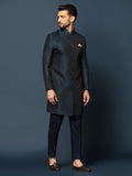 Kisah Men'S Royal Blue Indo Western Sherwani Trousers Set, Cotton Full Sleaves, Knee Length, Straight, Regular Fit, Mandarin Col