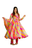 Women'S Stripe Print Anarkali Kurta With Pant And Dupatta (Small) Pink,Pink,S