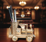 Craftasia metal Engine miniature for showpiece & Pen Holder handmade with recycled material, Gold, Decorative Desk Organizer, 13