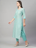Anni Designer Women'S Cotton Blend Straight Printed Kurta With Pant (Otti Blue-N8W_Xl_Blue_X-Large),Blue,XL,Cotton Blend,Regular,
