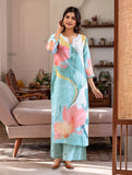 Anni Designer Women'S Rayon Viscose Printed Straight Kurta With Palazzo (Mihika Sky_Xxl_Sky Blue_Xx-Large),Sky Blue,2XL,Rayon,Regular,