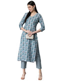 Anni Designer Women'S Cotton Blend Printed Straight Kurta With Pant (Jinki-Grey_Xxl_Dark Blue_Xx-Large),Grey,2XL