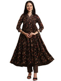 Anni Designer Women'S Rayon Blend Anarkali Printed Kurta With Pant (Gunba Black_L_Black_Large),Black,L
