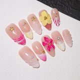 10 Medium Almond 3D Floral Handmade Press On Nails, Vintage Red with seashells and Shiny Rhinestones, Pearls & Cat Eye, Removabl