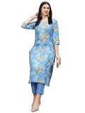 Anni Designer Women'S Cotton Blend Straight Printed Kurta With Pant (Uop Sky Blue_Xxl_Sky Blue_Xx-Large),Sky Blue,2XL