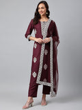 Gosriki Women'S Cotton Blend Straight Embroidered Kurta With Pant & Dupatta (Tistha Maroon_Xl-Go_Maroon_X-Large),Maroon,,B0B9Y1ZPWC