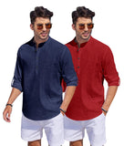 Bellstone Men'S Cotton Blend Solid Regular Dress Shirt (Kurta1500_Combo_Navy & Maroon_L