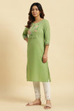 W For Woman Green Cotton Floral Printed Regular Kurta With Lace Detail Spring Green S