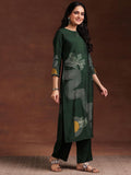 Libas Womens Printed Silk Blend Straight Kurta With Trousers And Dupatta Green 2Xl 36771O
