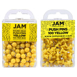 JAM PAPER Colorful Push Pins - Flat & Round Head Thumb Tack Combo Set - Yellow Pushpins - 200/Pack