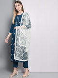 Gosriki Women'S Cotton Blend Embroidered Straight Kurta With Pants & Dupatta (Asana-Cersoin_M-Gs_Dark Blue_Medium),Dark Blue,,B0BPT9YG1H