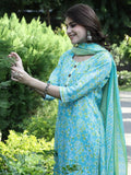 Pinkmint Salwar Suit For Women Cotton Flower Printed Kurta & Straight Pant With Dupatta Turquoise M